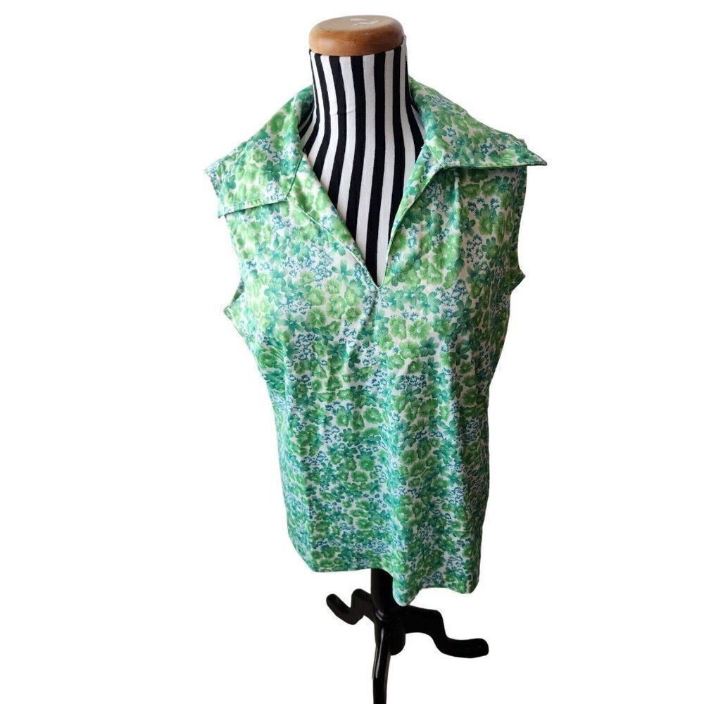 Vintage 70's Barry Ashley Sleeveless Butterfly Collared Shirt M Polyester Green